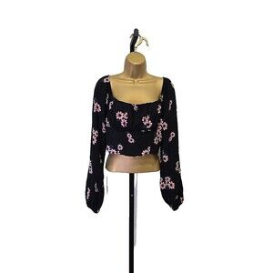 Y2K Babydoll Crop Top Womens Small Black Floral Rockabilly Casual Romantic Boho